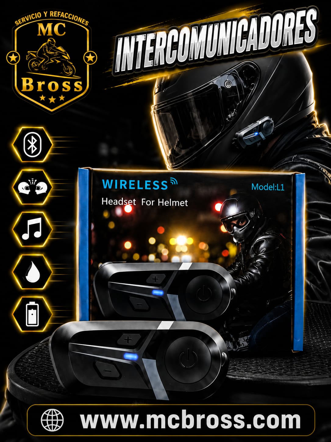 Intercomunicador Bluetooth para casco de moto MCBROSS Temixco