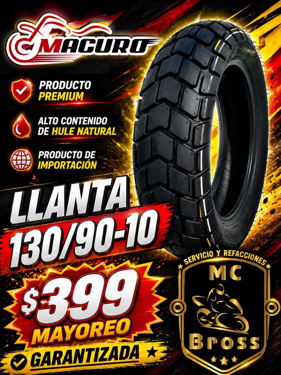 Llanta Macuro 130/90-10 en oferta de mayoreo MCBROSS Temixco
