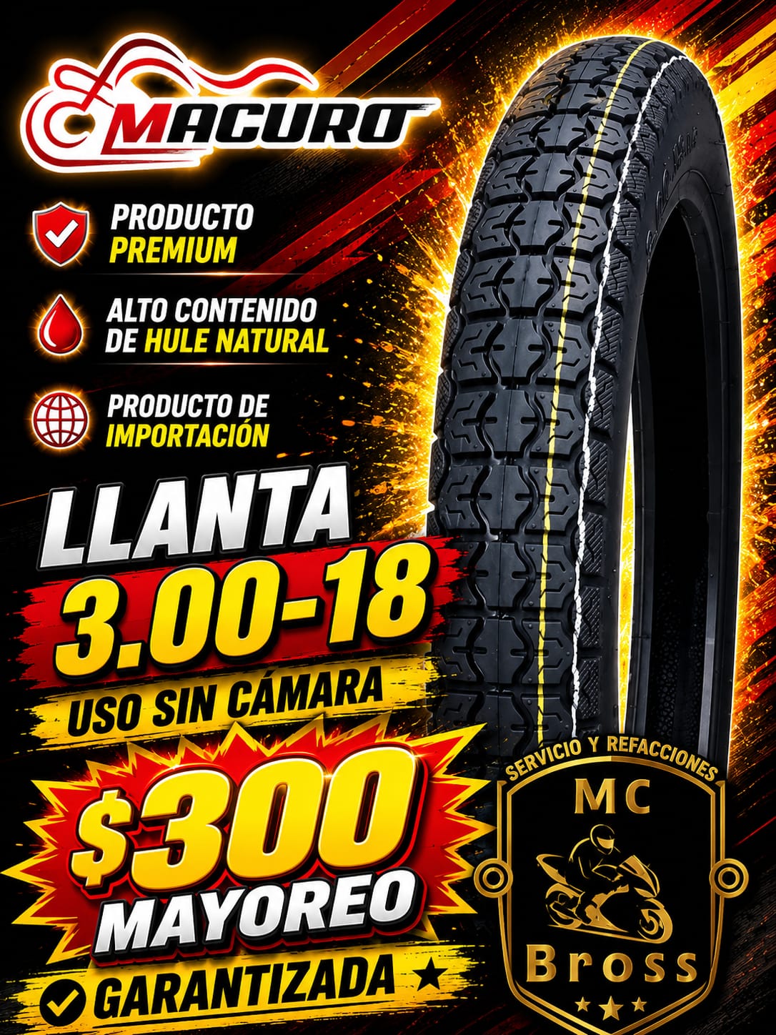 Llanta Macuro 3.00-18 uso sin cámara en oferta MCBROSS Temixco